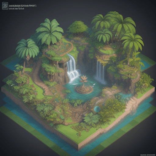 AI generated: a 3d model of a tropical garden with waterfall and trees, isometric 3d fantasy island, beautiful iso...