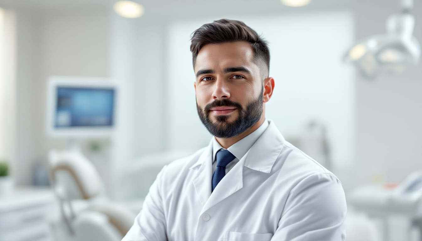 AI generated: Photorealistic portrait, wide viewing angle. A 35-year-old dentist with a short, neatly trimmed blac...