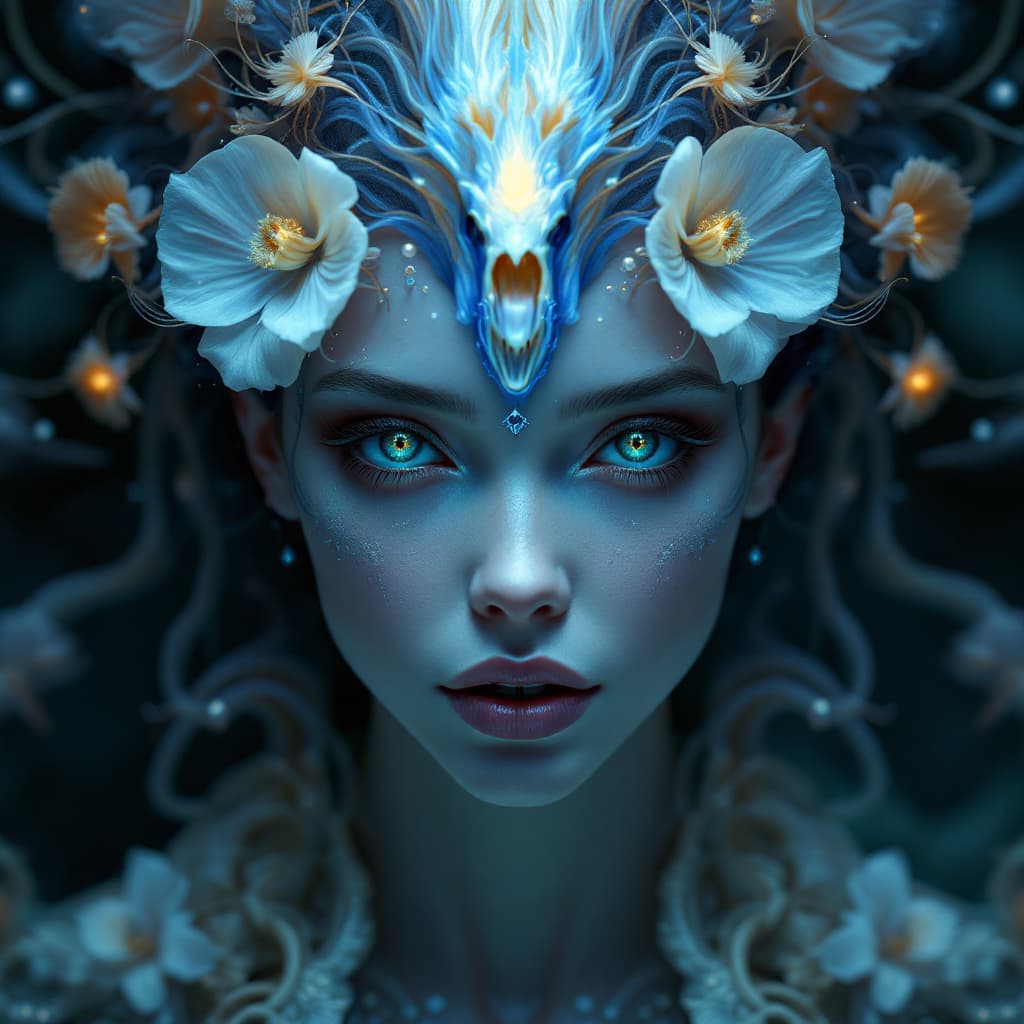 AI generated: Goddess close-up portrait ribcagel. jellyfish phoenix head, nautilus, orchid, skull, betta fish, bio...