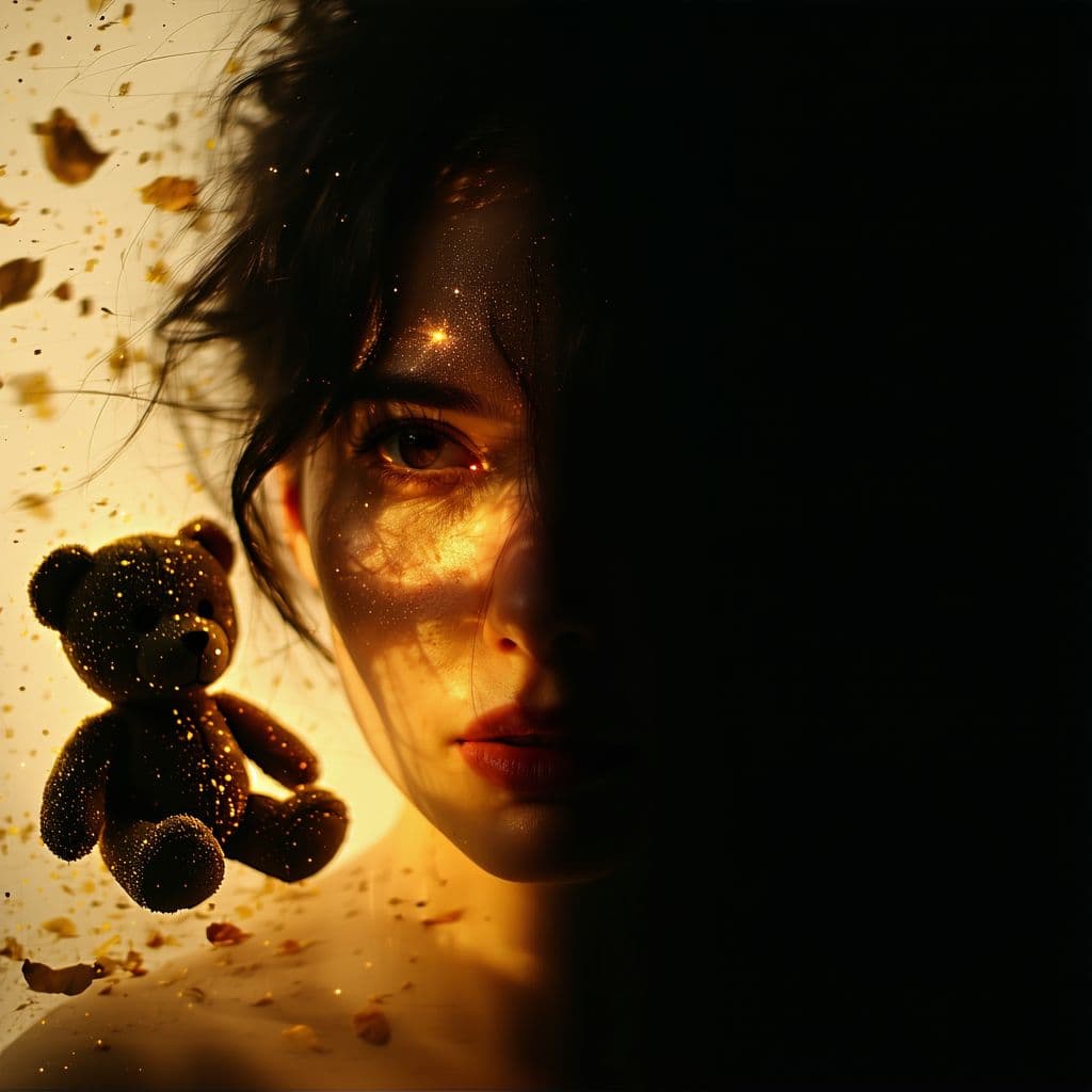 AI generated: double exposure photo, chiaroscuro lighting, one half of a woman’s face in shadow with a single catc...