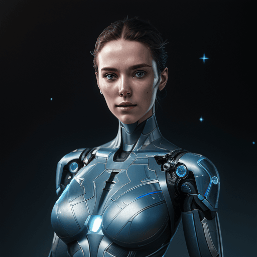 AI generated: the robotic body is framed by some light and stars, in the style of silver and azure, strong facial ...