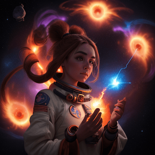 AI generated: zoom out cinematic portrait of a beautiful cute anthropomorphic female space monkey fire artist spin...