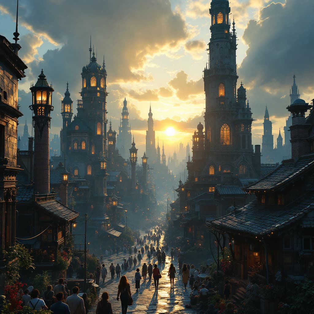 AI generated: Photo of a ultra realistic city, dramatic light, pale sunrise, cinematic lighting, battered, low ang...