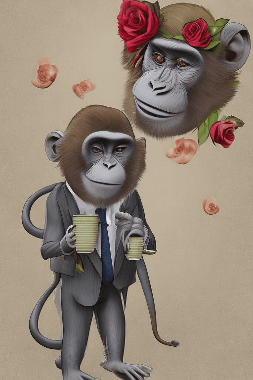 AI generated: monkey with a rose ,drinking coffee, white background , nice suit , detailed