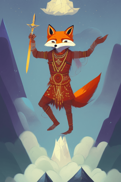 AI generated: Indian fox shaman, suspended mid-air, with elongated arms clutching a shattered sword and encircled ...
