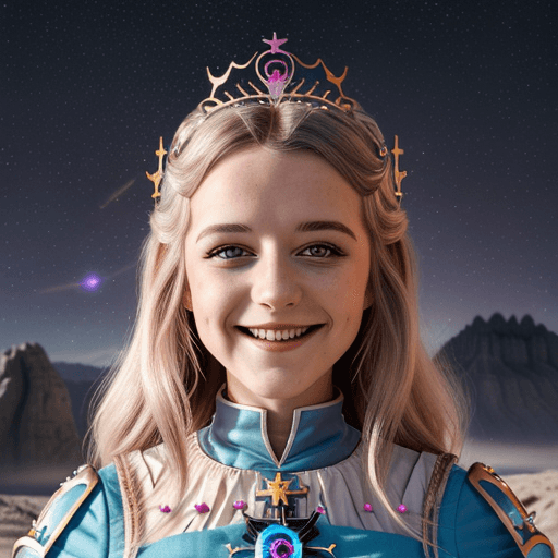 AI generated: junge smiling prinzessin des lichts, weiße kurze Haare, fantasy, gesichtstatto, space, 8k, lichtmagi...