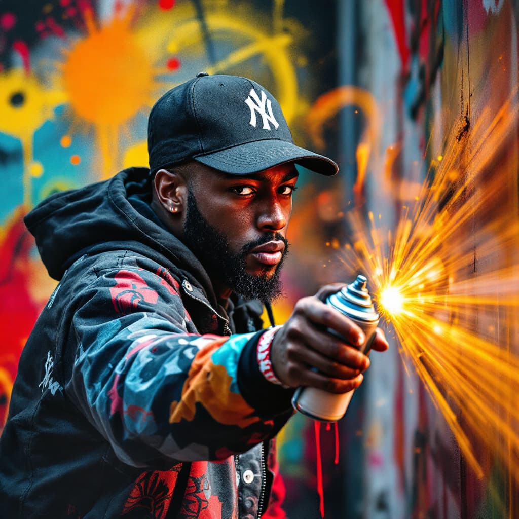 AI generated: Hip Hop Aerosol Art, Spray Paint, Dynamische Formen, Urban, Portrait eines Hip-Hop-Künstlers in Akti...