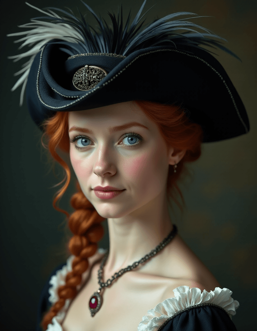 AI generated: Portrait of a ginger woman with light blue eyes in a feathered tricorn hat in the style of elizabeth...