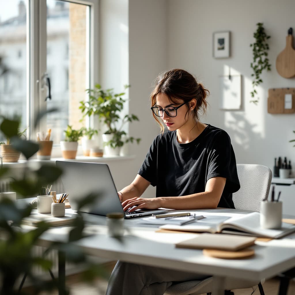 AI generated: modern, minimalist workspace, focused designer woman at a white desk, surrounded by objects of produ...