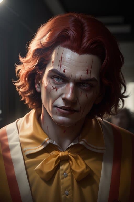 AI generated: ronald mcdonald as a horror film, highly detailed face by greg rutkowski and magali villanueve, cine...