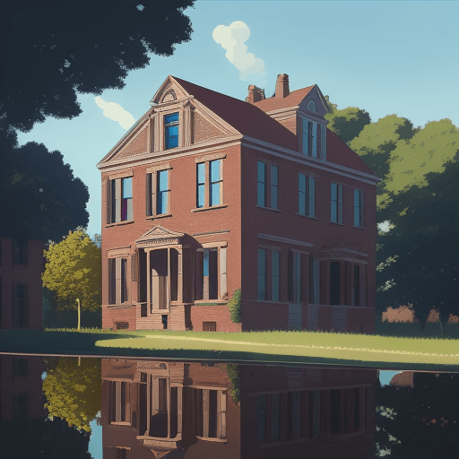 AI generated: 19th century brick old house, bright sunny day, lighting on the left, reflection of trees in the win...