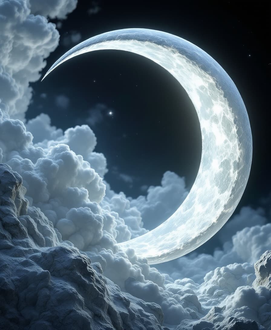 AI generated: “A surreal 3D artwork of the moon shaped like a comma, symbolizing that even in infinity, stories ne...