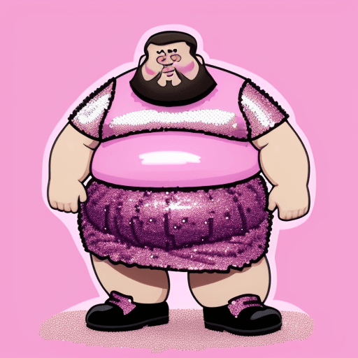 AI generated: Pink, sequin, Knee length skirt  on a fat man,  cartoon drawing, like Cartoon Solutions Comics