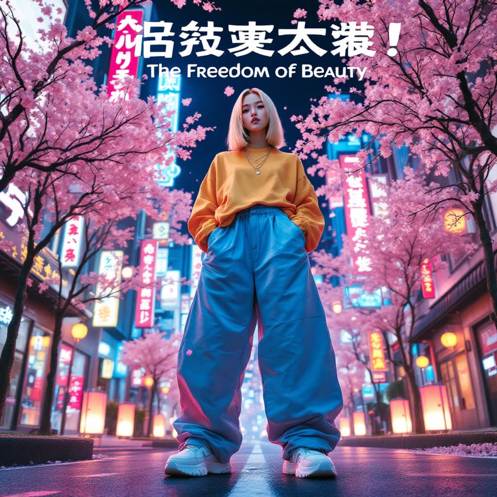 AI generated: A bold Japanese hyperrealistic advertising poster features a stunning Asian model with sleek, blonde...
