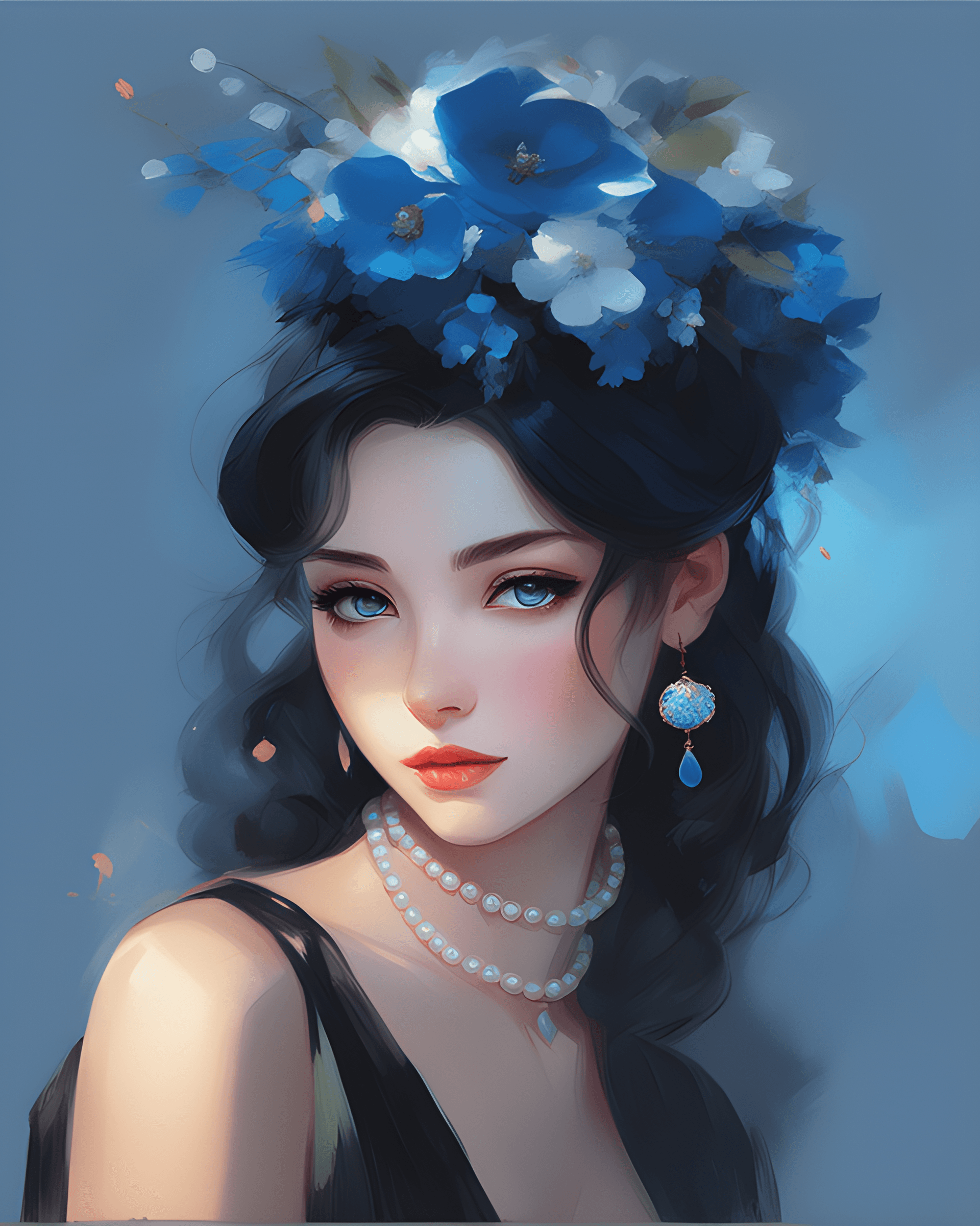 AI generated: painting of a woman with a blue flowered hat and pearls, artwork in the style of guweiz, digital ani...