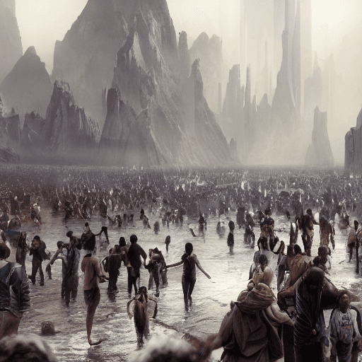 AI generated: crowds of climate refugees, sustainable cities, cinematic, detailed, epic, concept art, Matte painti...