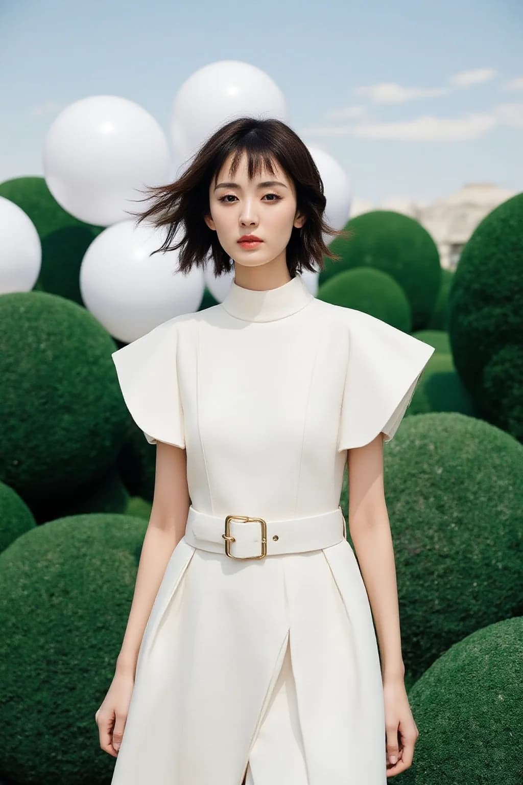 AI generated: A woman stands confidently in a serene outdoor setting, dressed in a pristine white, high-necked, sh...