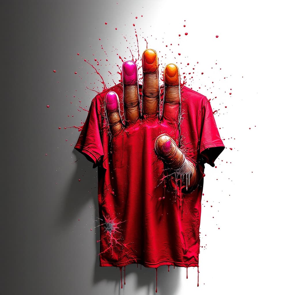 AI generated: A red t-shirt on a stark white backdrop, printed on the shirt is a hand with the first two fingers a...