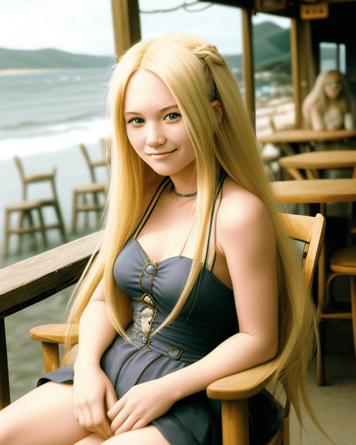 AI generated: a blonde woman with long hair leans on a chair, in the style of social media portraiture, earthcore,...
