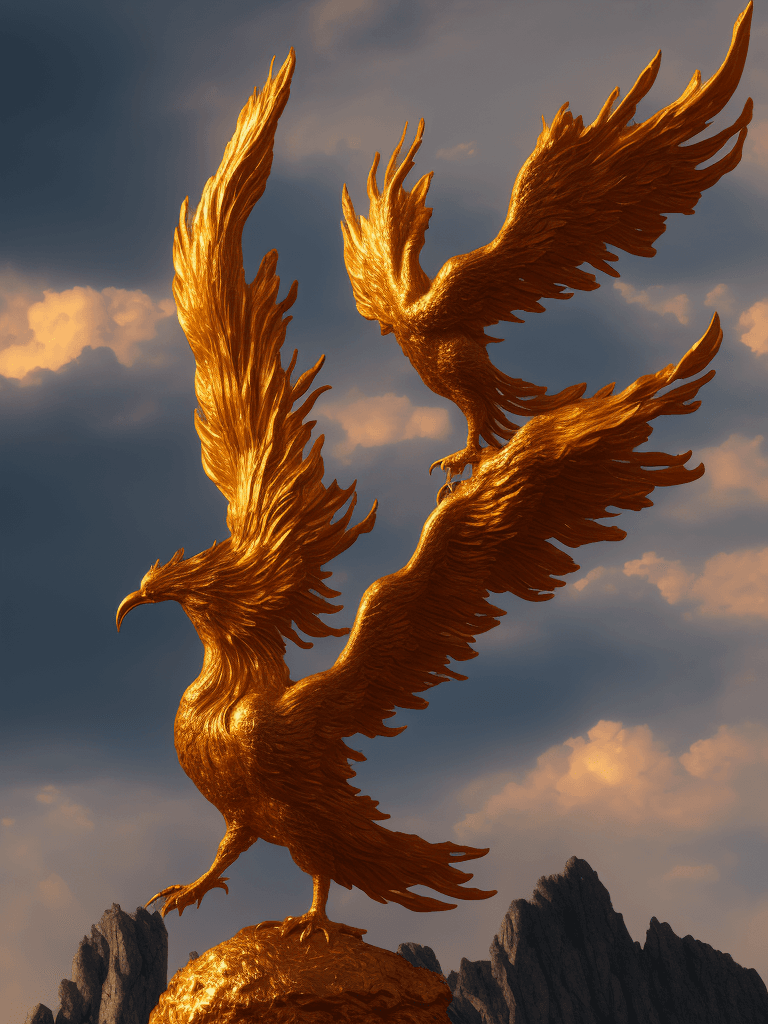 AI generated: A majestic phoenix with vibrant plumage, its fiery wings spread wide, golden feathers illuminating a...