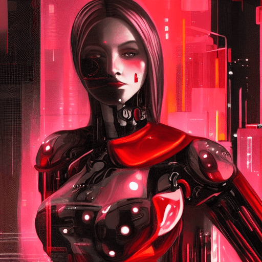 AI generated: an image of a woman in a red and black suit with a robot head and, cyberpunk art, cgsociety, cyborg ...
