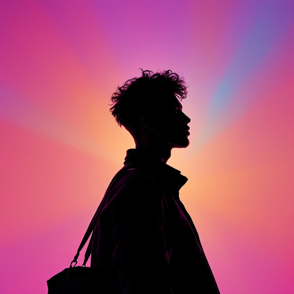 AI generated: photography, portrait. power of contrast, man model profile full body angle, holding a large bag, si...