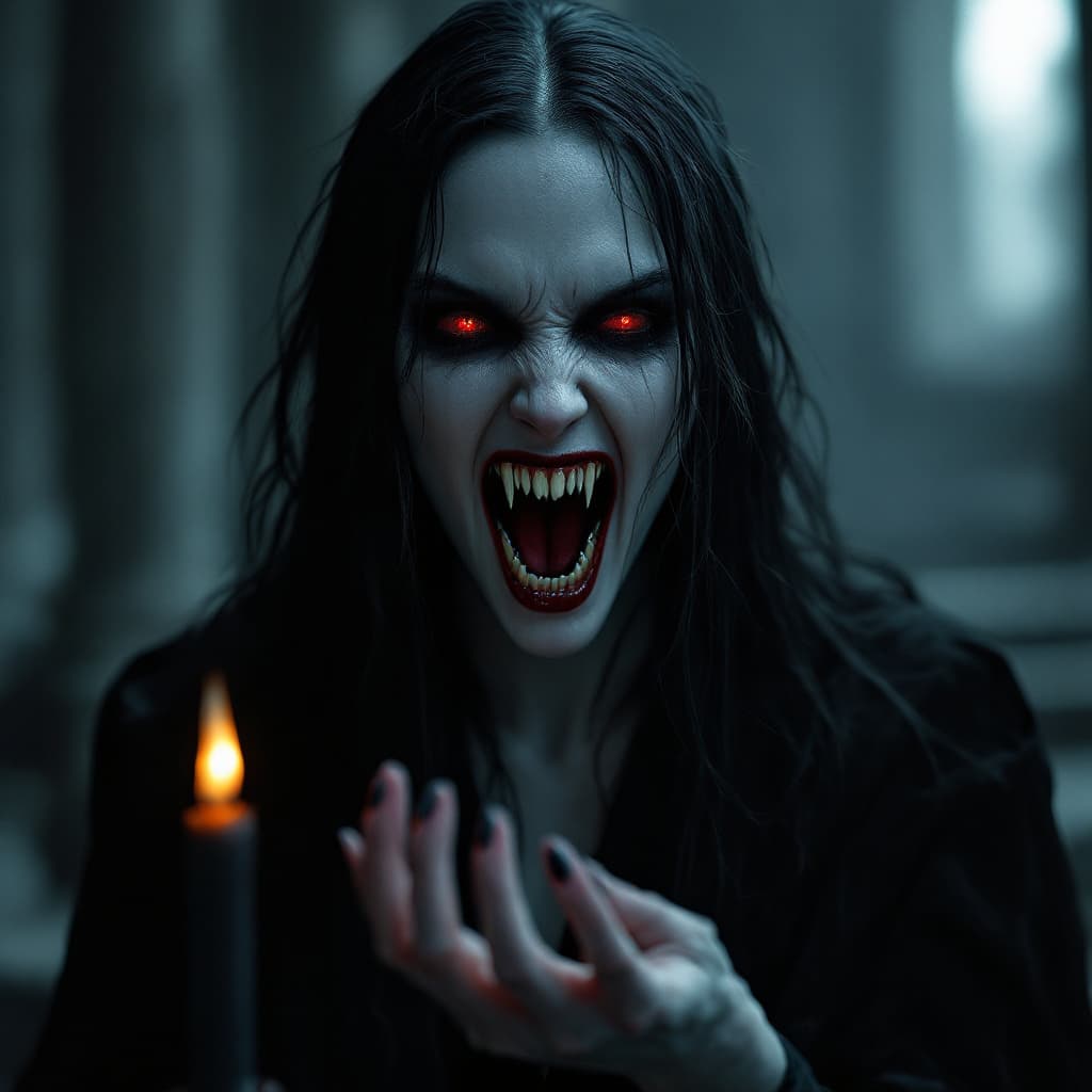 AI generated: female vampire, a vampire woman nosferatu 
with enormously long incisors with her mouth open, reveal...