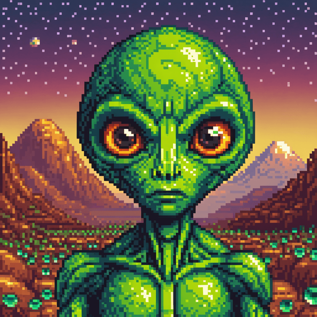 AI generated: an alien made of crystal::2 big shiny black eyes, soulful eyes::planet in the background --v 4 --q 2...