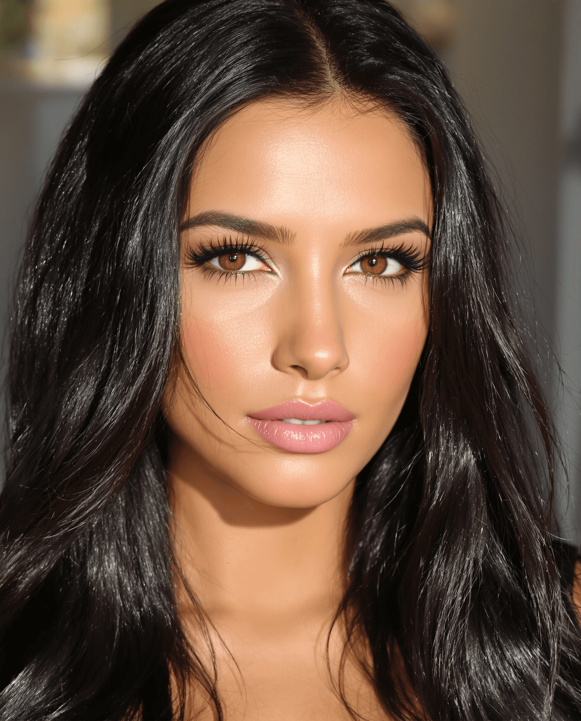 AI generated: A hyper-realistic, ultra-detailed depiction of a stunning woman with deep brown eyes and long, gloss...