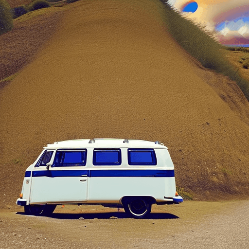 AI generated: RAW photo of a white VW BUS on top of a hill, Sunset, 4 people inside, campfire, darkblue sky with s...