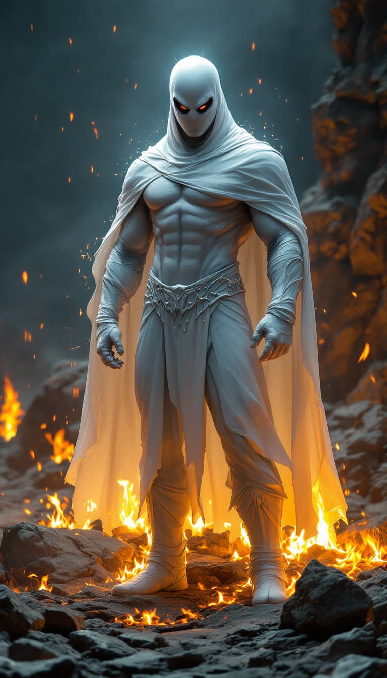 AI generated: Envision a fully body portrait of casper the friendly ghost as   super hero rising from the ashes, s...