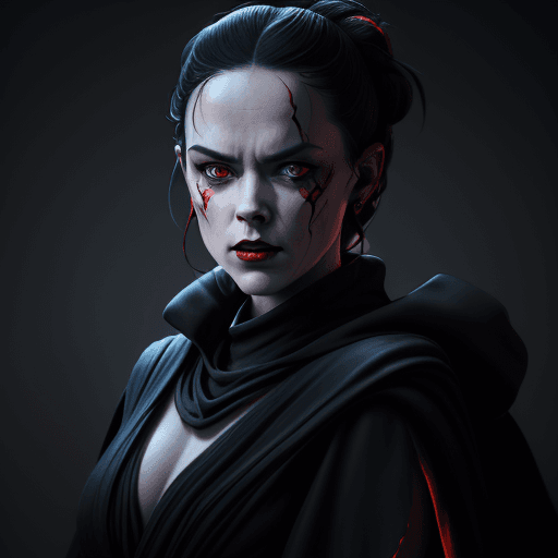 AI generated: Corrupted by evil Rey Skywalker (daisy ridley face) as sith in  Black Sith Robe, black red lips, ora...