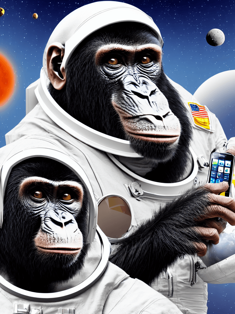 AI generated: realistic ape Astronaut in space holding a cellphone in a photorealistic style, digital art