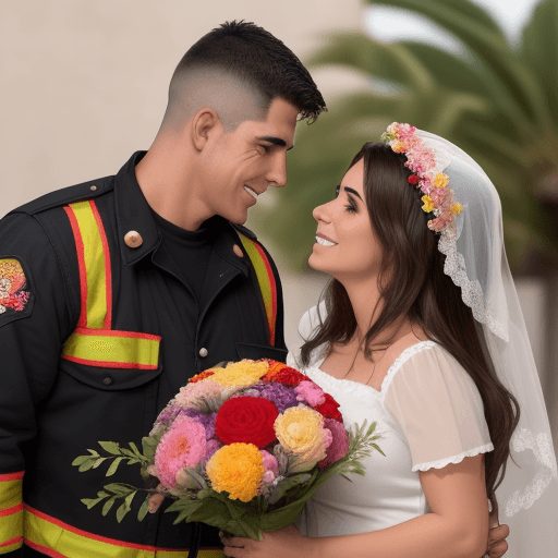 AI generated: Hombre joven, bombero, regalando flores a su esposa.