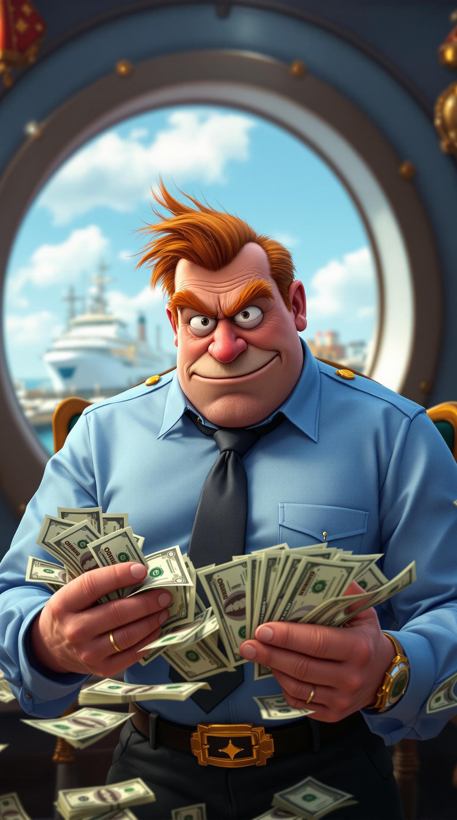 AI generated: A hyper-realistic image of a wealthy businessman inspired by Mr. Krabs; counting stacks of dollar bi...