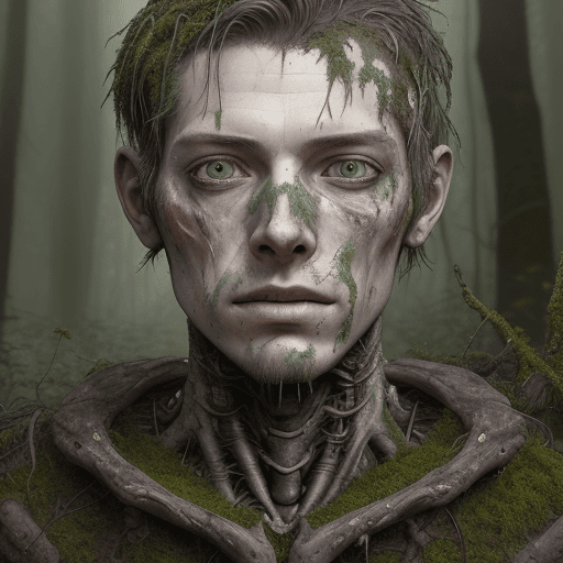 AI generated: A face of young man, 25 year, full face shot of a scary creepy android, state of decay and brittle, ...