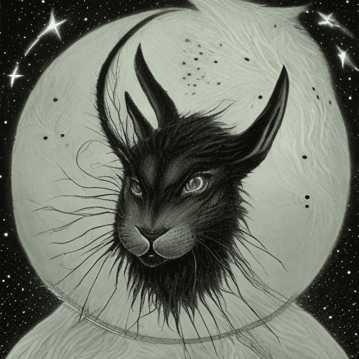 AI generated: Blackavar from Watership Down, very black fur, emerald green eyes, scars and fresh wounds, at night ...