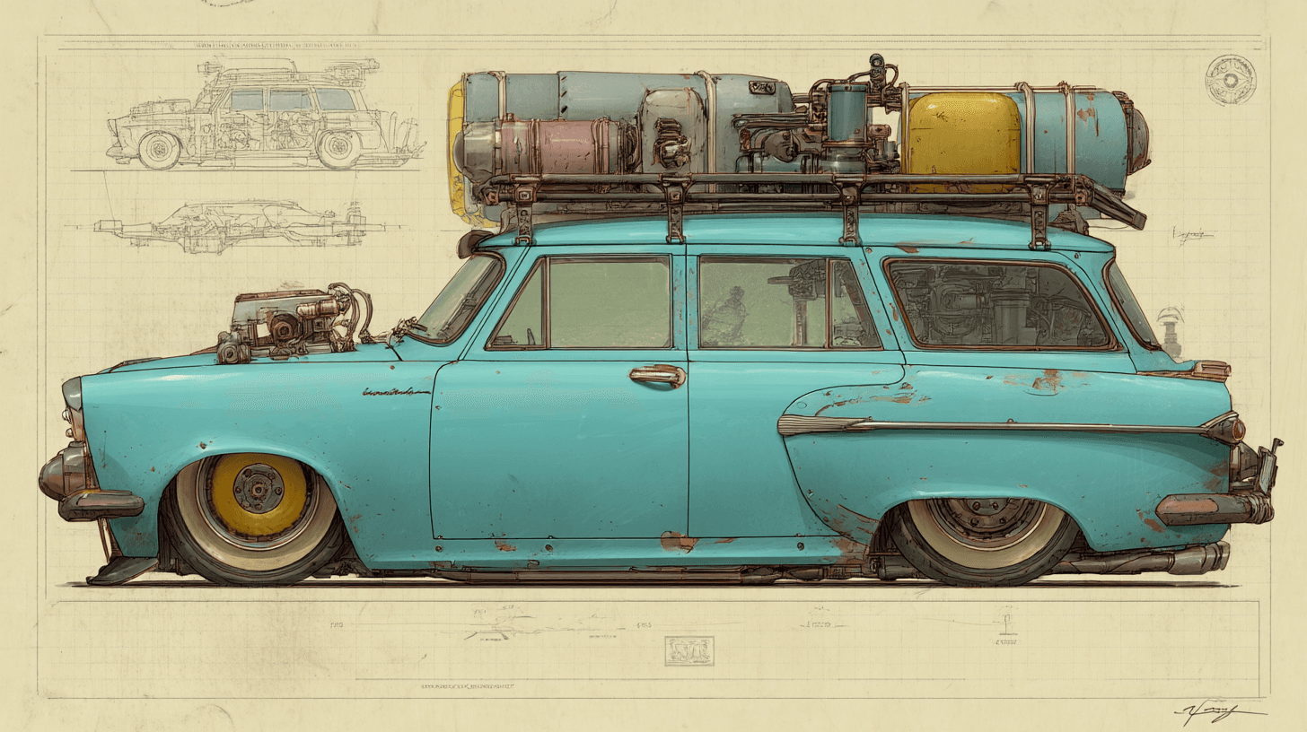 AI generated: Light teal-blue vintage station wagon,  low-angle profile view,  custom-modified  with  large,  over...