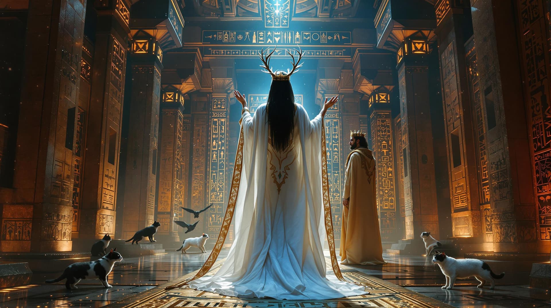 AI generated: A majestic Norse priestess in a flowing white linen dress with intricate gold Egyptian accents and a...