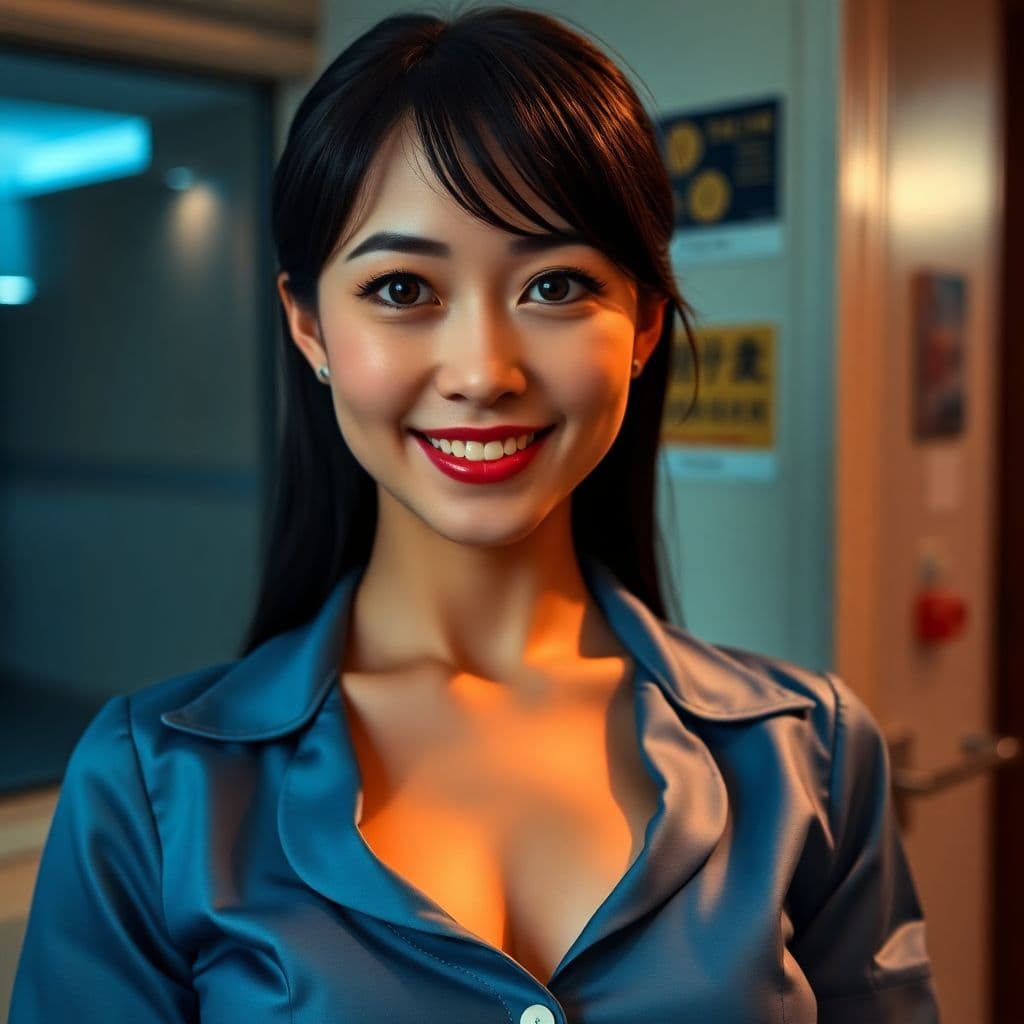 AI generated: Canon 50d, 100mm, (((breathtaking:1.5) smiling (Japanese) stewardess)), close-up photo, standing, hi...