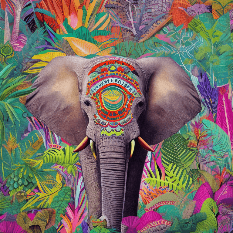AI generated: Artwork of a (((Baby))) Grey Elephant in a colorful jungle foliage, detailed, cinematic, professiona...
