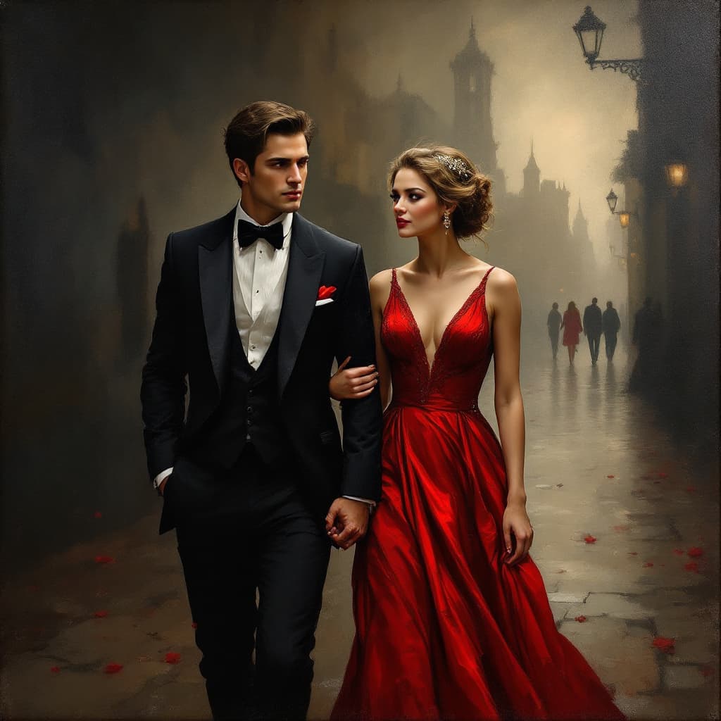 AI generated: An oil painting man and woman are walking down the street of old town. both dressed in formal attire...