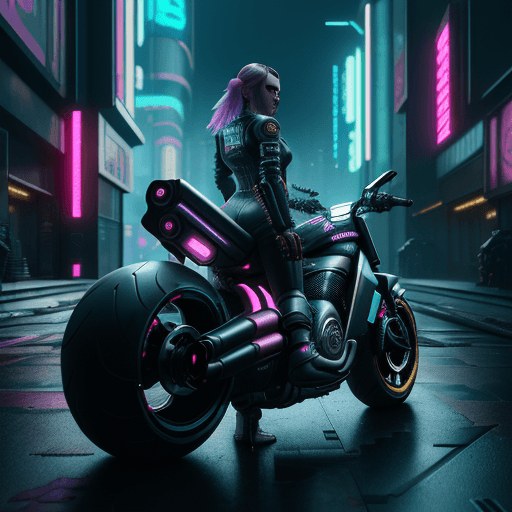 AI generated:  tribute to cyberpunk 2077 showing V with his futuristic motorcycle standing in front of  a dystopia...