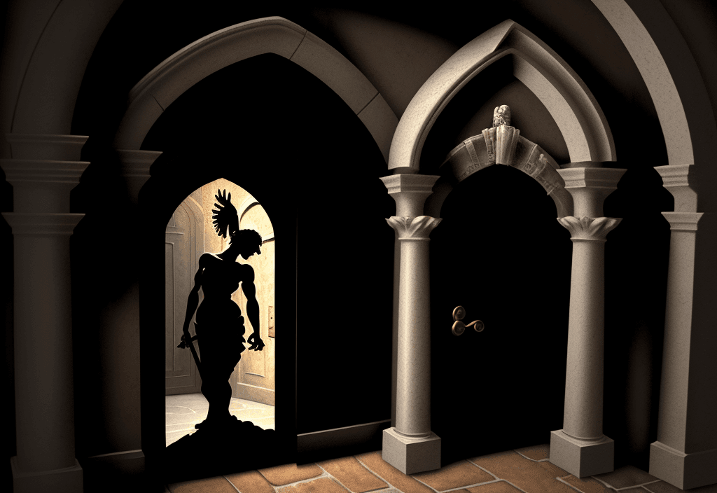 AI generated: stoic figure under a door arch , realistic, dark background