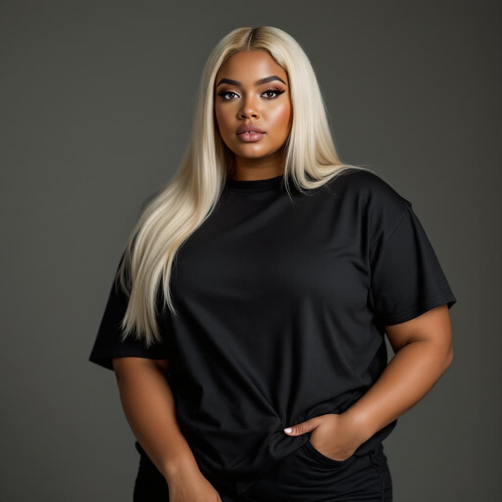 AI generated: chubby plus size, Bi-racial light skinned female with fully blonde hair. mixed race bronze brown ski...