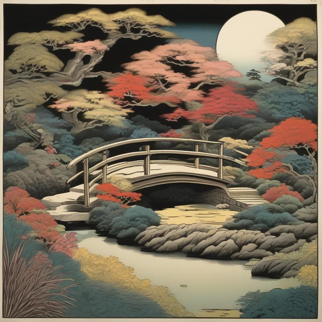 AI generated: A whimsical design, capturing a mysterious Zen garden, radiating peace and contemplation, shaded by ...
