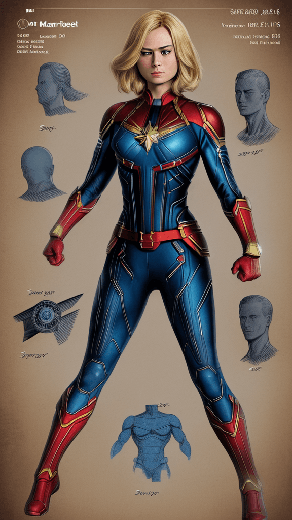 AI generated: blueprints of a Captain Marvel, patent illustration, Captain Marvel weapons, Captain Marvel armour, ...