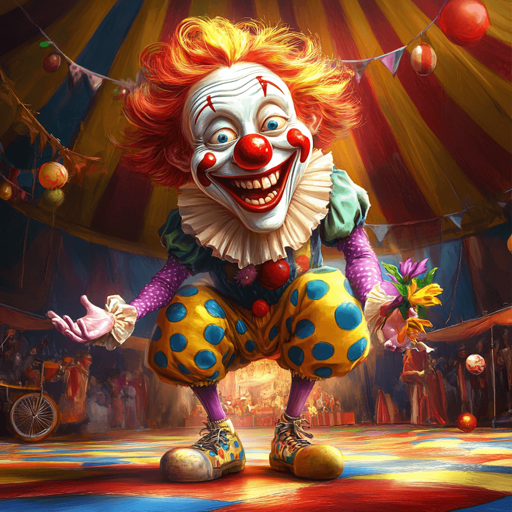 AI generated: funny caricature, zany clown character, 35 years old, colorful, mischievous, elastic, exaggerated ru...