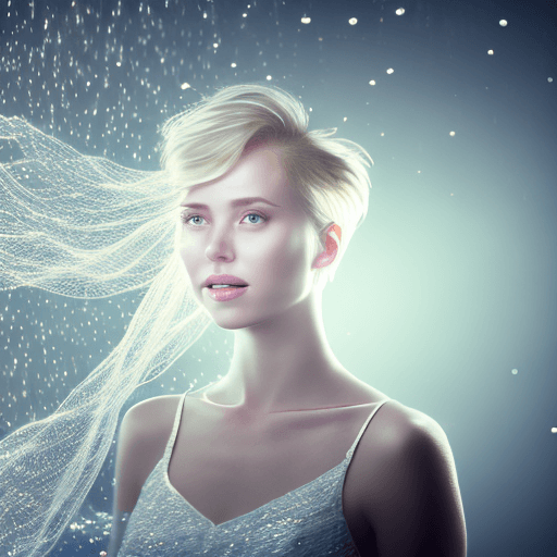 AI generated: studio lighting, bokeh, light fog around, blond woman floating in the air, messy short hair, small b...
