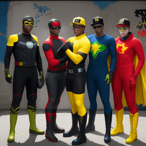 AI generated: WE ARE SEEING FIVE DIFFERENT JOHN BOYEGA'S MALES IN A RED, BLUE, YELLOW, GREEN, BLACK SPANDEX SUITS,...